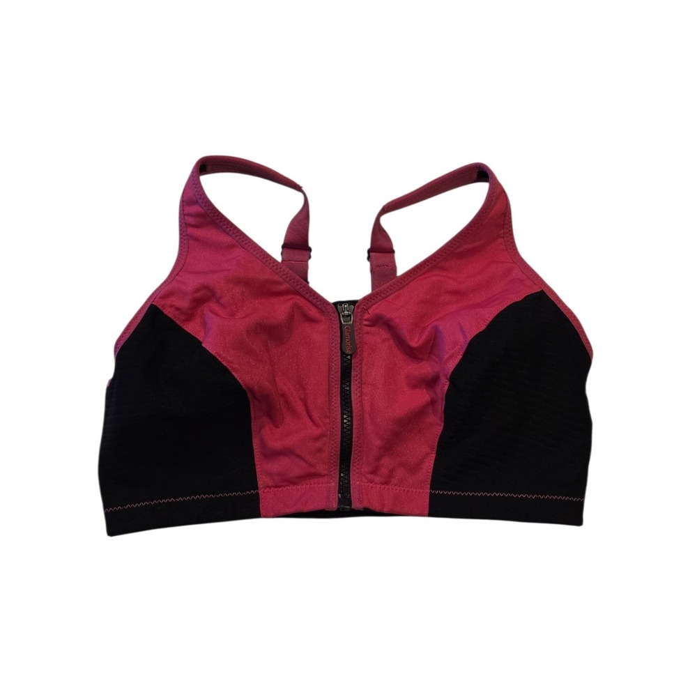 Glamorise Front Zip Sports Bra 38DD Pink Black High Impact Racerback Support